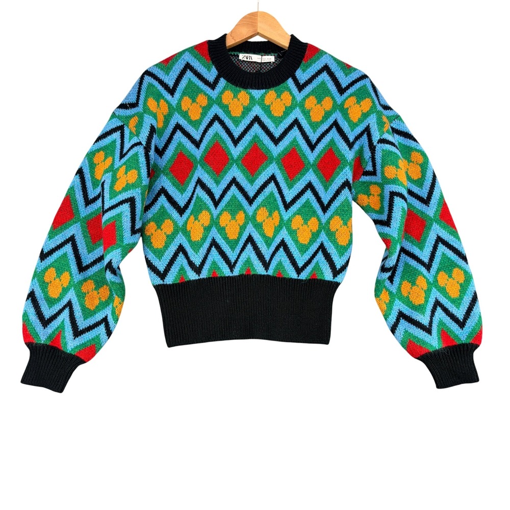 Zara Disney Mickey Mouse Jacquard Geometric Sweater Small Multicolor NWT Kidcore